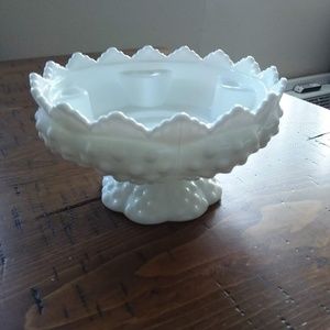 Vintage Fenton White Milk Glass Hobnail Footed 6-Candle Holder / Candle Bowl
